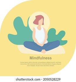 Mindfulness and meditation,women sit closed eyes with crossed legs and meditate practice,Vector illustration.