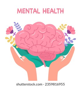 Mindfulness. Mental health concept. Hand holding human brain with flowers in flat design on white background.