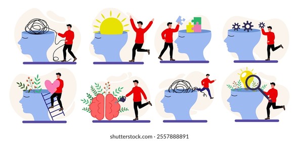 Mindfulness and mental health concepts illustrated through colorful graphics