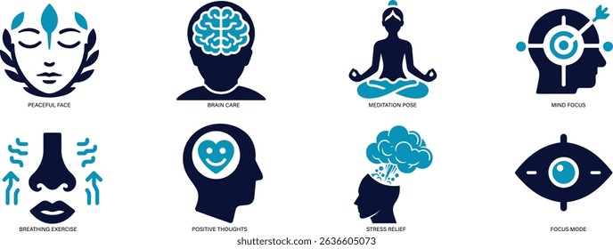 Mindfulness and Mental Wellness Icon Set Meditation, Calmness and Emotional Health Symbols.