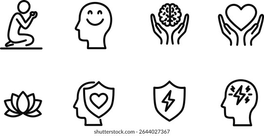 Mindfulness and Mental Wellness Icons Set for Inner Peace, Happiness, and Wellbeing