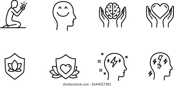 Mindfulness and Mental Wellness Icons Set for Inner Peace, Happiness, and Wellbeing