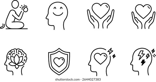 Mindfulness and Mental Wellness Icons Set for Inner Peace, Happiness, and Wellbeing
