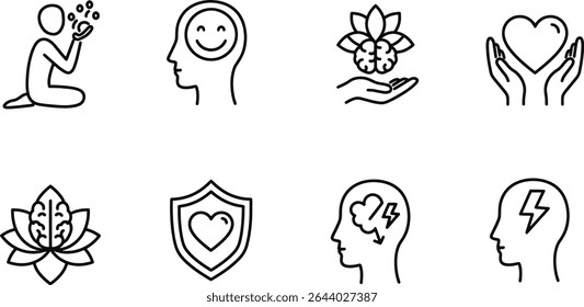 Mindfulness and Mental Wellness Icons Set for Inner Peace, Happiness, and Wellbeing