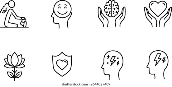 Mindfulness and Mental Wellness Icons Set for Inner Peace, Happiness, and Wellbeing