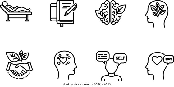 Mindfulness and Mental Wellness Icons Set for Inner Peace, Happiness, and Wellbeing