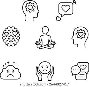 Mindfulness and Mental Wellness Icons Set for Inner Peace, Happiness, and Wellbeing