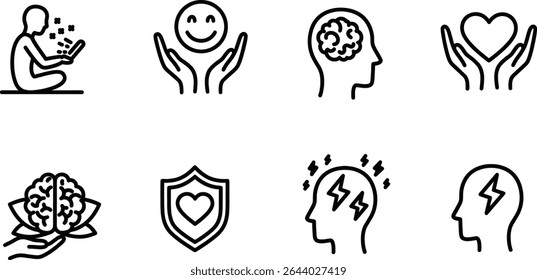 Mindfulness and Mental Wellness Icons Set for Inner Peace, Happiness, and Wellbeing