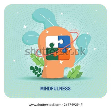 Mindfulness Mind Puzzle concept. Head human with puzzle-piece mind, surrounded by nature and orbiting rings. This image conveys mindfulness, focus, calm, and inner peace, supporting mental health.