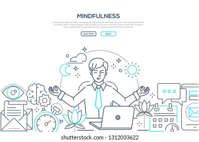 Mindfulness - modern line design style web banner on white background with copy space for text. A composition with a businessman meditating at work, sitting at the laptop, trying to release stress