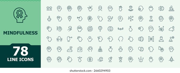 Conjunto de iconos de línea moderna de atención plena. Falta de mente, psicología, espíritu, estrés, mental y más. Conjunto de iconos de línea mental. Iconos lineales minimalistas. Señales para Web y App móvil.