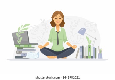 Conciencia - moderna caricatura vectorial personajes ilustración de fondo blanco. Una colorida composición con una mujer meditando en el puesto de loto en el trabajo en la oficina, tratando de liberar estrés