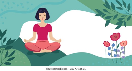 Mindfulness moment with calm woman meditating outdoors, surrounded by wildflowers and greenery, flat vector concept