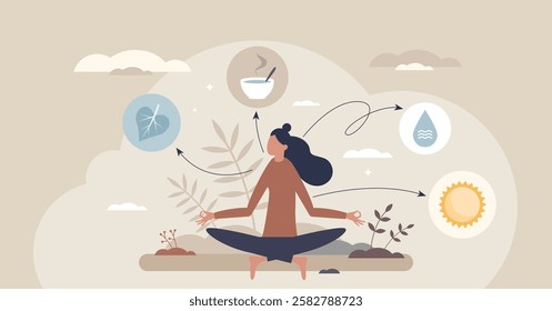 Mindfulness with nature, food, and water elements. Tiny style