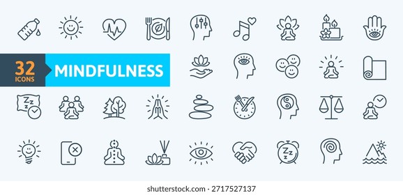 Colección de iconos de contorno de atención plena. Vector conjunto de iconos planos de meditación. Contiene iconos de atención plena, equilibrio, paz interior, autoconocimiento, meditación grupal, concentración interna, práctica espiritual y más. 