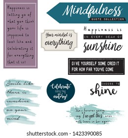 Mindfulness quote collection with labels, tags, poems in modern handlettering and label maker fonts. 