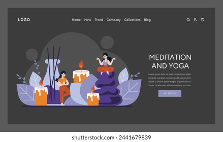 Mindfulness Retreat concept. Serene figures practice yoga and meditation, seeking inner peace amidst calming candles and nature elements. Vector illustration