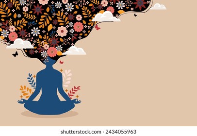 Mindfulness with silhouette of women sitting with crossed legs and meditating. floral decoration. vector illustration