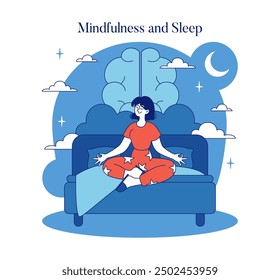 Mindfulness and Sleep concept. A tranquil scene as a woman practices nighttime meditation on a couch under a crescent moon. Serenity at home. Vector illustration.