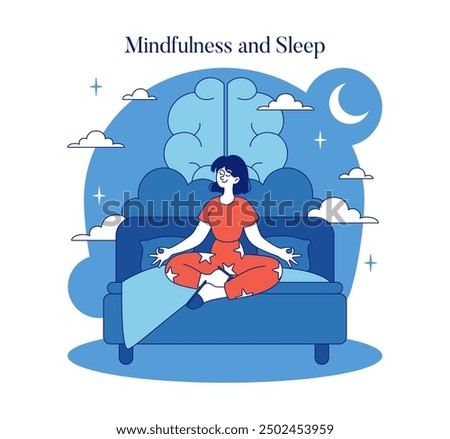 Mindfulness and Sleep concept. A tranquil scene as a woman practices nighttime meditation on a couch under a crescent moon. Serenity at home. Vector illustration.