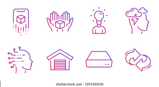 Mindfulness stress, Artificial intelligence and Augmented reality line icons set. Mini pc, Hold box and Education signs. Parking garage, Refresh symbols. Cloud storm, Mind intellect. Vector