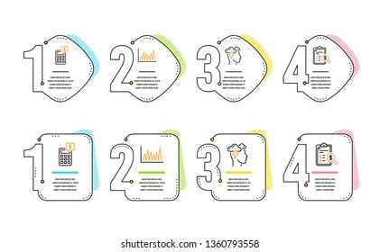 Mindfulness stress, Calculator and Line graph icons simple set. Accounting report sign. Cloud storm, Money management, Market diagram. Check finance. Education set. Infographic timeline. Vector