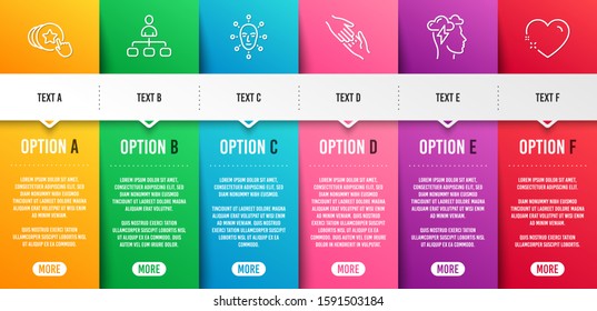 Mindfulness stress, Hold heart and Management line icons set. Infographic timeline. Helping hand, Face biometrics and Heart signs. Cloud storm, Love brand, Agent. Give gesture. People set. Vector