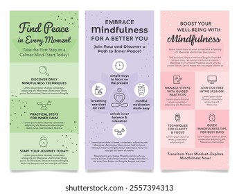 Mindfulness stress management inner calm flyer design template set vector flat illustration. Life balance spiritual well being awareness mindful practice poster with line elements