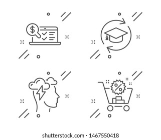 Mindfulness stress, Online accounting and Continuing education line icons set. Shopping cart sign. Cloud storm, Web audit, Online education. Discount. Business set. Vector