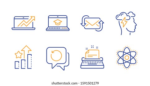 Mindfulness stress, Refresh mail and Sales diagram line icons set. Recovery data, Typewriter and Ranking stars signs. Website education, Chemistry atom symbols. Cloud storm, New e-mail. Vector