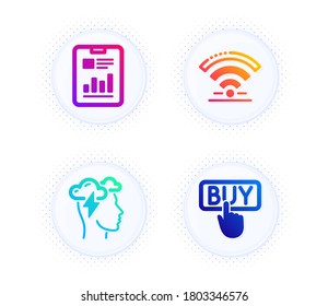 Estrés de atención, documento de informe e iconos de Wifi conjunto simple. Botón con puntos de semitono. Cartel de compra. Tormenta en la nube, página con gráficos, Internet inalámbrico. Compra de comercio electrónico. Conjunto de tecnología. Vector