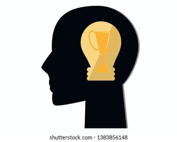 Mindfulness stress,thinking head, Golden trophy cup of champion isolated