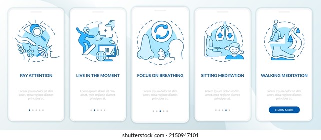 Técnicas de atención de la pantalla azul de aplicación móvil. Paseo de atención 5 pasos páginas de instrucciones gráficas con conceptos lineales. UI, UX, plantilla GUI. Multitud de tipos de letra Pro-Bold, con uso regular