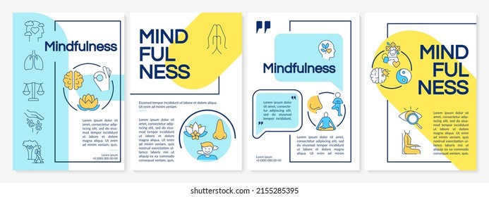 Mindfulness techniques blue and yellow brochure template. Positivity and relax. Leaflet design with linear icons. 4 vector layouts for presentation, annual reports. Questrial, Lato-Regular fonts used