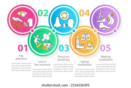 Mindfulness Techniques Circle Infographic Template. Focus On Breathing. Data Visualization With 5 Steps. Process Timeline Info Chart. Workflow Layout With Line Icons. Myriad Pro-Regular Font Used