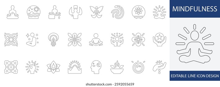 Mindfulness thin icon set. awareness, soul, mental health, Present Moment, Clarity Icons, Reflective Mind, meditation and line icon collection