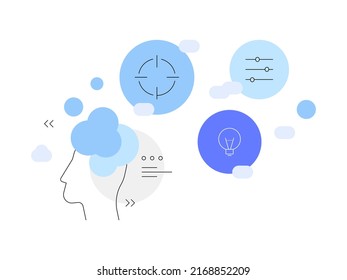 Mindfulness, thinking process, self control. Head with bubbles over it. Flat illustration, infographic element. Vector file.