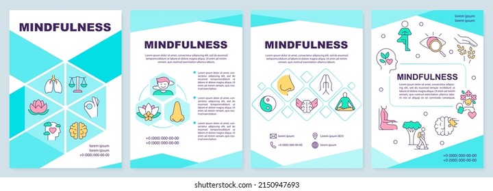 Mindfulness turquoise brochure template. Enjoying simple pleasures. Leaflet design with linear icons. 4 vector layouts for presentation, annual reports. Arial-Black, Myriad Pro-Regular fonts used