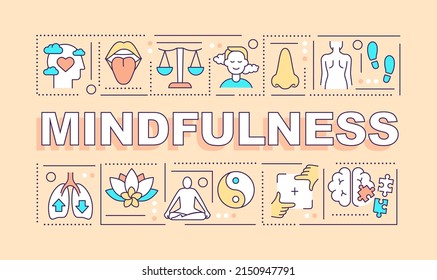 Mindfulness word concepts light peach banner. Meditation and yoga. Infographics with icons on color background. Isolated typography. Vector illustration with text. Arial-Black font used