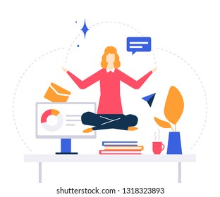 Mindfulness at work - colorful flat design style illustration on white background. Bright unusual composition with a businesswoman, female manager meditating in the office, trying to release stress