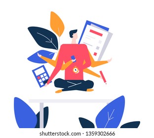 Mindfulness at work - colorful flat design style illustration on white background. Composition with a businessman, male manager meditating in the office, trying to release stress. Multitasking concept