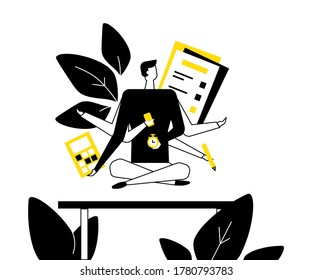 Mentalidad en el trabajo - ilustración de diseño plano. Composición negra, blanca y amarilla con un hombre de negocios, un gerente masculino meditando en la oficina, tratando de liberar estrés. Concepto de multitarea