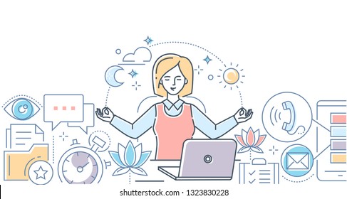 Mindfulness at work - modern line design style illustration on white background. A colorful composition with a businesswoman meditating in the office, sitting at the laptop, trying to release stress