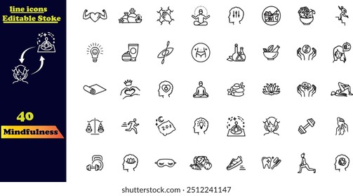 Mindfulness and Yoga Icon Set with Editable Strokes. Includes icons representing relaxation, inner peace, self-awareness, tranquility, focused concentration, and spiritual practices. This set features