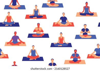 mindfulness and yoga seamless pattern on transparent background. Yoga people sitting in lotus position, seamless pattern. Repetitive vector illustration. EPS 10.