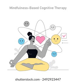 Mindfulness-Based Cognitive Therapy concept. Illustration depicting emotional regulation through therapy. Mental wellness practice, mood improvement technique. Vector illustration.