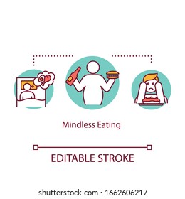 Mindless Eating Concept Icon. Unhealthy Nutrition, Overeating Idea Thin Line Illustration. Late Night Snacks, Junk Food And Emotional Eating. Vector Isolated Outline RGB Color Drawing. Editable Stroke