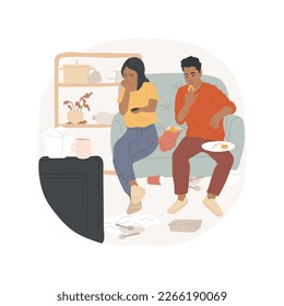 Televisión sin sentido mirando ilustraciones vectoriales aisladas de dibujos animados. Pareja de canales de TV con control remoto, familia aburrida, casa sucia, paquetes de comida vacíos alrededor, dibujos animados vectores de malos hábitos.