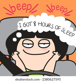 Mindless Woman Behind Steering Wheel Having A Daydream Of Getting Eight Hours Of Sleep While Driving Car. Cognitive Distractions Concept Card Character illustration