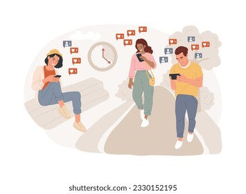 Mindlessly scrolling isolated concept vector illustration. Clicking on applications, social media addiction, mindlessly scrolling through newsfeed, random likes, screen addict vector concept.